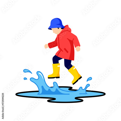 A young child in a red raincoat blue hat and yellow boots joyfully splashing and walking through a water puddle.
