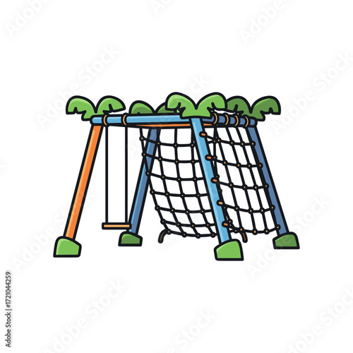 Vibrant Cartoon Playground Structure Featuring a Single Swing and an Intricate Climbing Net.
