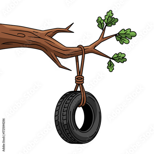 Rustic Tire Swing Hanging from Tree Branch.