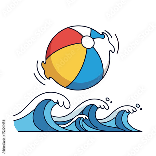 Cartoon Beach Ball with Motion Lines Above Blue Ocean Waves.