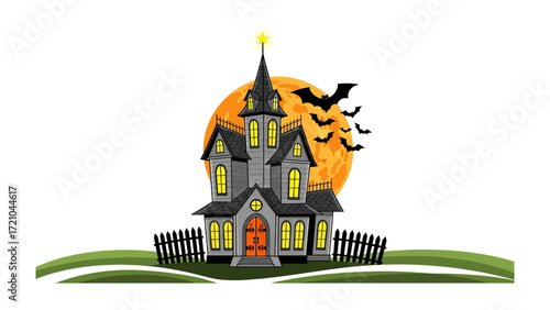 Spooky Silhouette: A digitally crafted graphic presents a haunted house silhouette against the backdrop of a full moon and hovering bats, perfectly portraying the spooky essence of Halloween. 