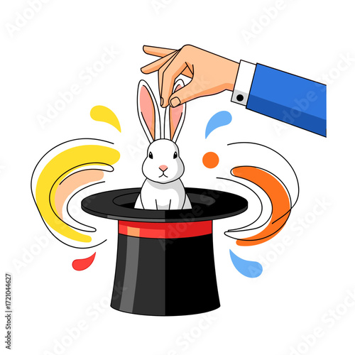 White Rabbit Appearing from a Classic Black Top Hat with Red Band Hand Gently Touching Ears.
