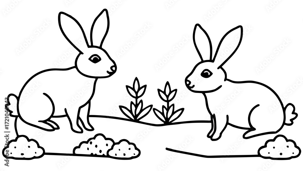 Fototapeta premium Two Cute Rabbits in a Field Line Art Illustration