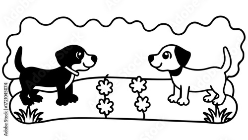 Two Cute Puppies Meeting in a Flowery Meadow