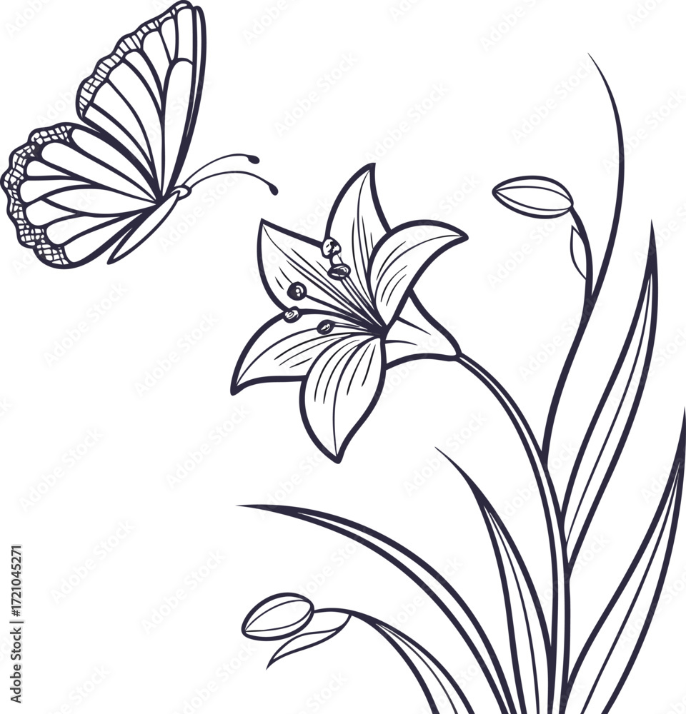 Obraz premium Minimalist violet flower with a hovering butterfly line art design