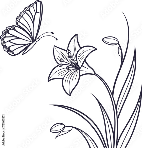 Minimalist violet flower with a hovering butterfly line art design