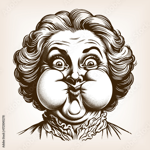 cheerful woman with curly hair, puffing out her cheeks humorously while making an exaggerated comic face sketch engraving generative ai vector illustration. Scratch board. Black and white image.