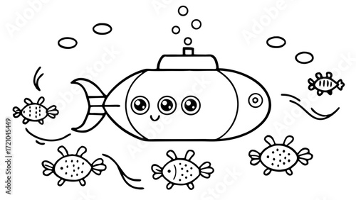 Cute Cartoon Submarine and Fish Coloring Page