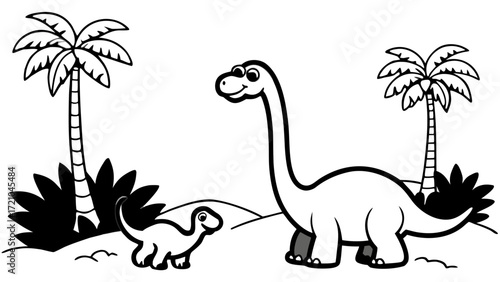 Cute Dinosaur and Baby Dinosaur in a Jungle Scene