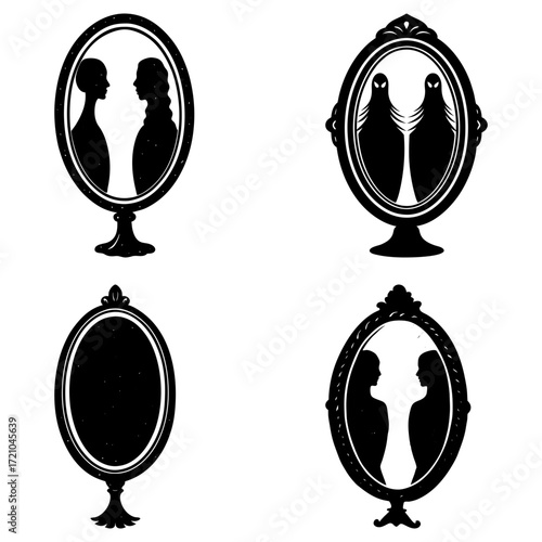 Silhouette reflections in antique mirrors featuring people and ghostly figures in black and white drawing