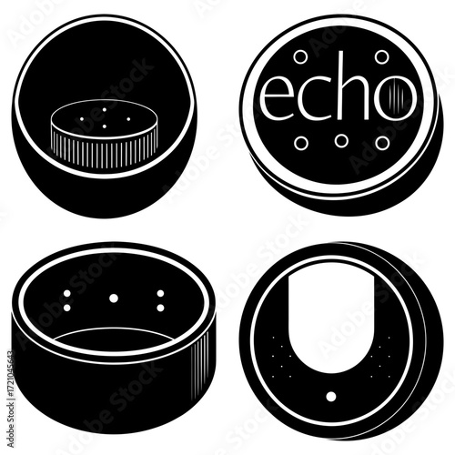 Illustration of four echo device designs showcasing different perspectives and internal components in black and white