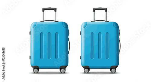 Two identical blue suitcases with retractable handles and wheels, ready for travel.