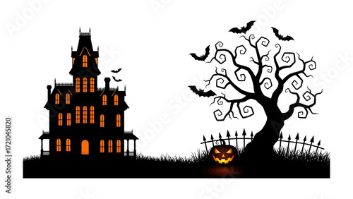 Spooky House & Halloween Night: A captivating Halloween scene featuring a haunted house, complete with flickering lights and shadowy silhouettes, paired with a gnarled tree and a carved pumpkin.
