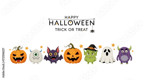 Whimsical Halloween Gathering: A delightful cartoon scene unfolds as an assortment of cheerful Halloween characters gather together, evoking the spooky season.