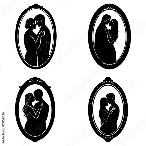 Silhouetted couples embracing in ornate oval frames creating a romantic and vintage aesthetic design element