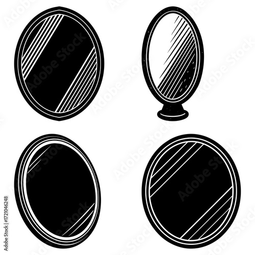 Illustration of four oval mirrors with varying designs and orientations in a black and white style