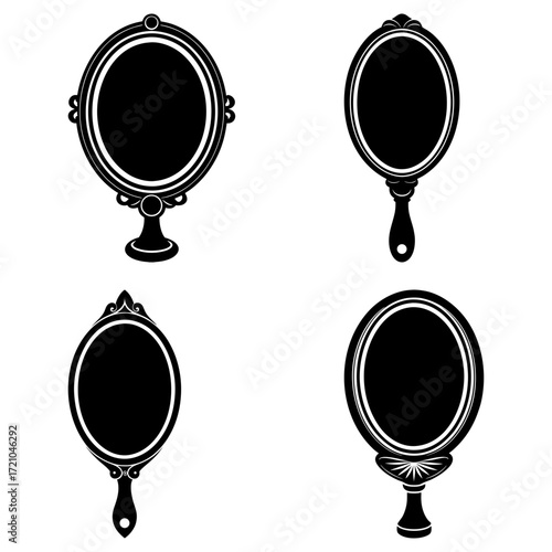 Illustration of four vintage mirrors with different designs in black and white color scheme style