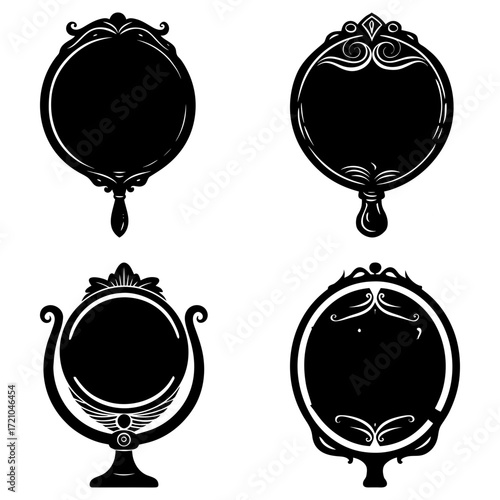 Collection of four ornate vintage mirrors in black silhouette with unique designs and shapes displayed