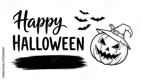 Spooky Halloween Design: A playful, festive illustration perfect for Halloween, featuring a jack-o'-lantern in a witch's hat, with bat silhouettes, complemented by bold Happy Halloween typography. 