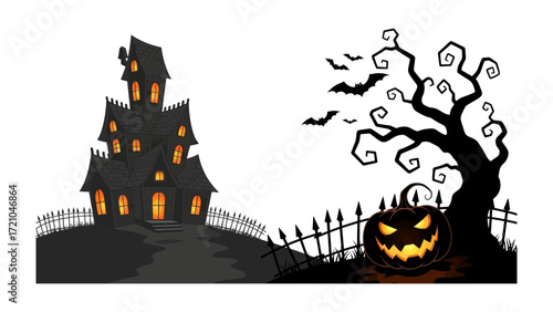 Spooky Halloween Silhouette: A captivating Halloween scene featuring a spooky mansion, ominous tree, and carved pumpkin, silhouetted against the twilight sky.