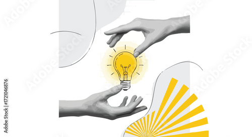 Two hands exchanging a glowing light bulb, symbolizing idea sharing, innovation, and collaboration against an abstract background.