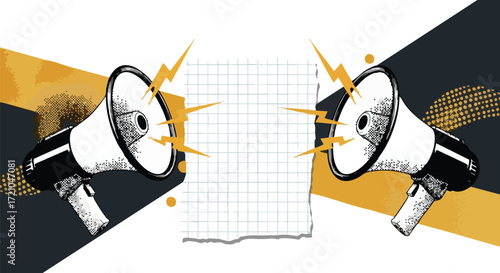 Dynamic announcement concept with vintage megaphones broadcasting bold messages and lightning bolts across a torn paper background with gold accents