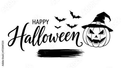 Happy Halloween Design: A festive Halloween design featuring a grinning jack-o'-lantern wearing a witch hat, accompanied by a swarm of bats against a backdrop of decorative brushstrokes.