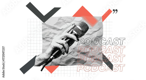 Hand holding microphone with podcast text and graphic elements.