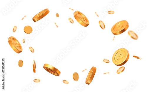 3d set flying golden point coins with different angles. Stock vector illustration on isolated background.	