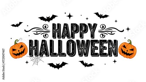 Spooky Halloween Greeting: A festive composition showcases the spirit of Halloween with grinning jack-o'-lanterns, playful bats, and eerie spiderwebs. 