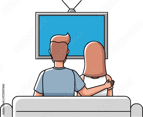 Couple sitting together on sofa watching television at home, relaxing lifestyle, cozy living room, family time, leisure entertainment illustration.