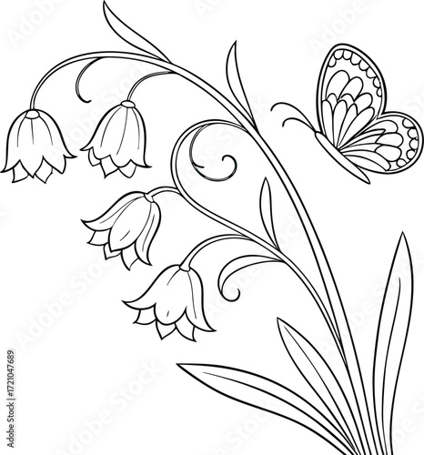 Elegant line art of a sweet pea flower with a delicate butterfly in white