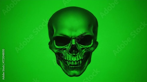 Eerie metallic green skull with vacant eyes against a vibrant green background, evoking a sense of danger and mystery.