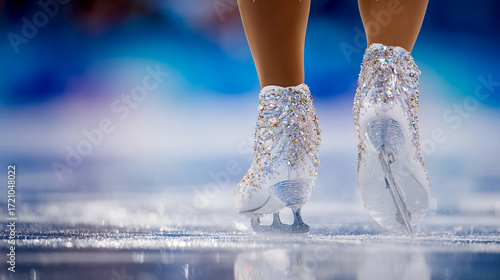 Sports photography - close-up of a figure skater's legs in figure skates on the ice of a stadium during the Olympic competition, blurred background, reportage style