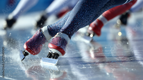 A dynamic sports photo of close-up of speed skaters' legs on a stadium track during the competitions, blurred background, reportage style
