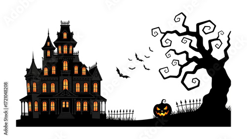 Spooky Halloween Silhouette: A chilling silhouette of a haunted house, gnarled tree, and jack-o'-lantern under a swarm of bats, evoking a sense of Halloween fright and mystery.