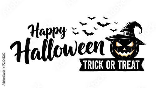 Happy Halloween Greetings: A spirited and eerie Halloween design, perfect for seasonal greetings. Featuring Happy Halloween text alongside a grinning jack-o'-lantern wearing a witch's hat.