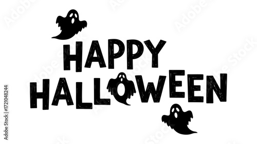 Happy Halloween Greeting: Capturing the essence of Halloween with festive lettering and playful ghosts, this image is perfect for seasonal celebrations and spooky occasions.