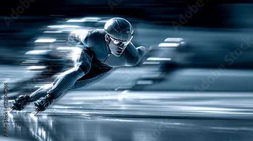 Dynamic sports photo of a speed skater on the ice of a stadium during the competition, blurred background, athletic pose