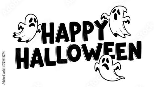 Spooky Halloween Greeting: Eerie ghosts float whimsically around bold Happy Halloween text in a charming, spooky seasonal card, setting the stage for tricks, treats and fright.