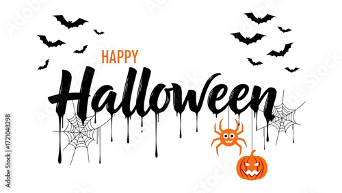 Happy Halloween: Spooky greetings with playful bats, spider, and smiling pumpkin to celebrate the eerie charm of All Hallows' Eve.