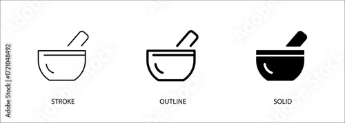 Mortar and pestle icons for food, kitchen, medicine. Stroke, outline and solid icons. Eps10 file.