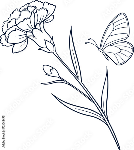 Minimal line art carnation flower with butterfly illustration