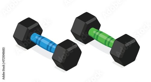 Two modern hexagonal dumbbells with vibrant blue and green textured grips, perfect for fitness and strength training visuals.