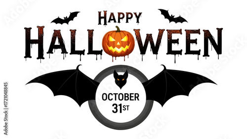 Happy Halloween Greeting: A festive Halloween image, featuring bats, pumpkins, and the message Happy Halloween amidst a creatively spooky design, celebrating the spirit of All Hallows' Eve. 