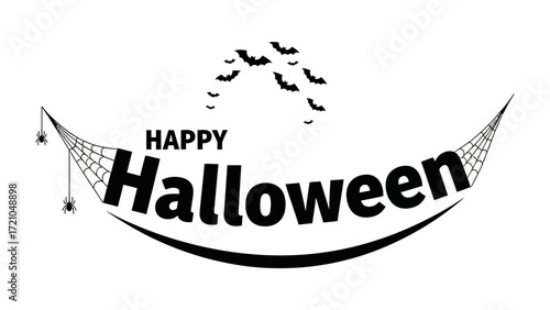 Halloween night's greeting: A captivating monochrome composition, featuring the joyous declaration HAPPY Halloween, set within a thematic arrangement of cobwebs, spooky spider, and soaring bats.