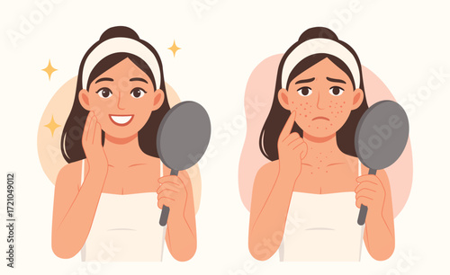 Acne treatment before and after: young woman holding mirror showing clear skin vs acne, skincare routine, blemish removal, pimple care, beauty, confidence, skin health, flat vector.