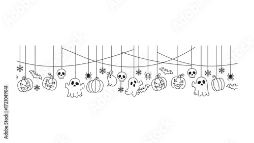 Spooky Halloween Garland: A detailed line drawing of a spooky Halloween garland, adorned with whimsical ghosts, grinning pumpkins, spider, and other festive decorations.