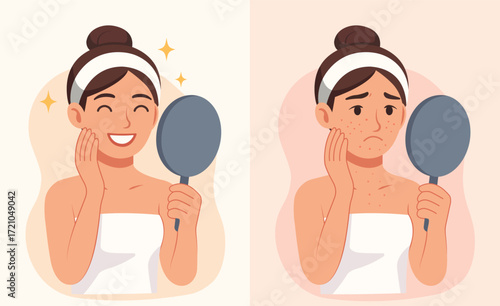 Skincare before & after: woman checking skin in mirror with clear complexion vs acne spots — acne treatment, cleansing foam, skincare, confidence, beauty, pastel background, vector illustration.