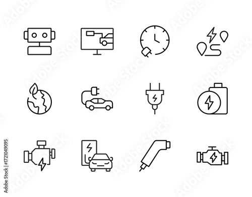 Electric Vehicle and Energy Icon Set – EV Car, Battery, Plug, Engine, Eco Earth, and Smart Mobility Symbols